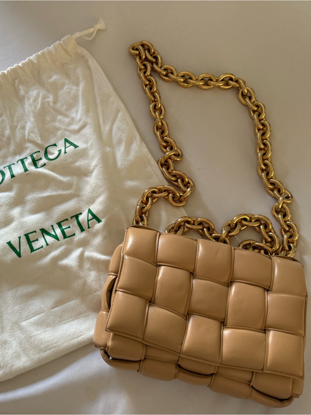 Bottega Veneta Tan Padded Intrecciato Crossbody with Gold Chain